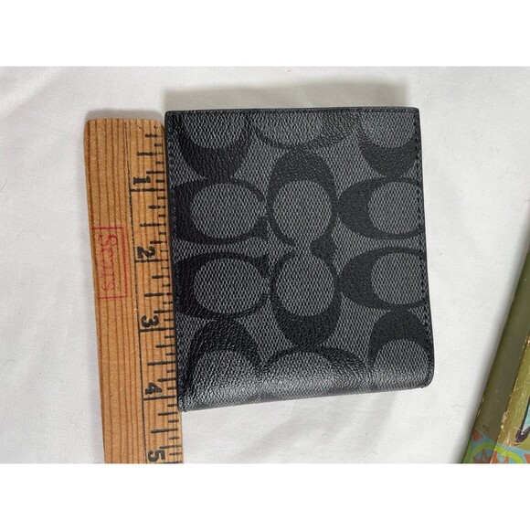 NWT Coach Men Compact Billfold Wallet Signature Charcoal Black - Picture 2 of 4
